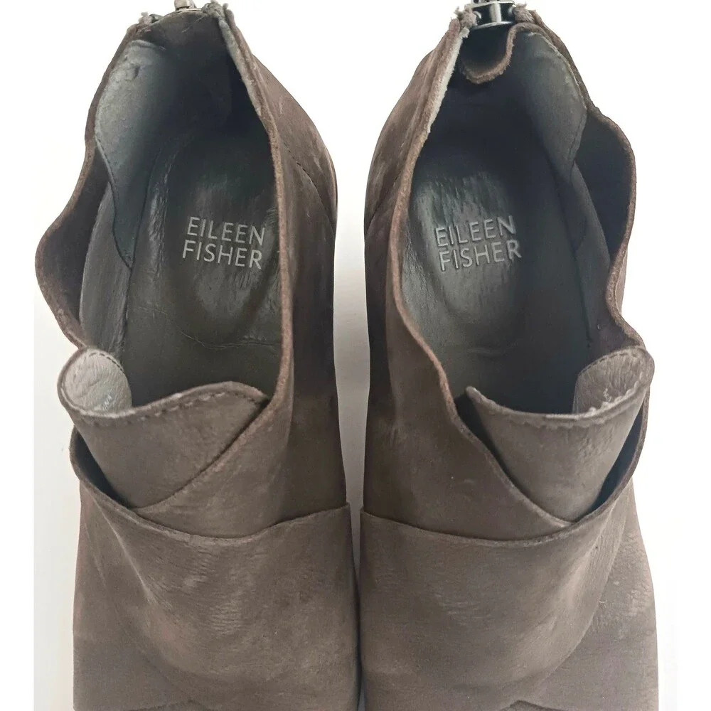 Eileen Fisher Ember Mushroom Brown Suede Ankle Boot Sz 5 Wood Block Heel Zip